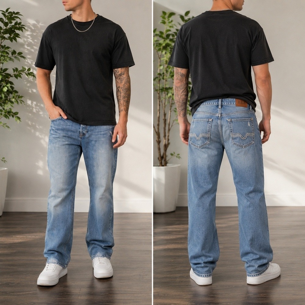 BKE Tyler Straight Leg Jeans Mens 36x34 Light Wash Blue Denim Button Fly KBK2305